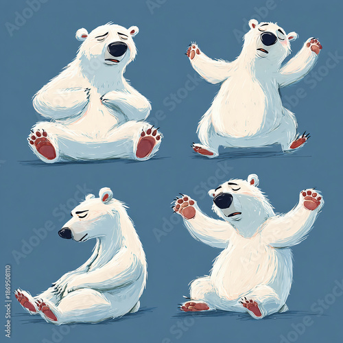 Hand Drawn Sleepy Polar Bears Different Poses Blue Background