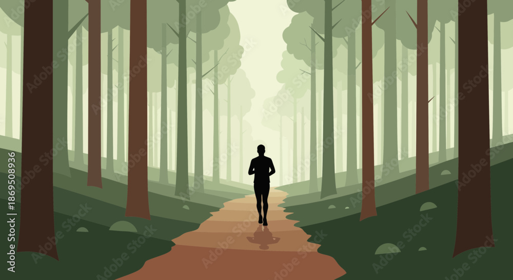 Fototapeta premium Silhouette of a Man Running on a Path Through a Dense Forest Illustration