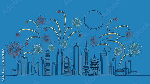 city skyline with fireworks exploding in the night sky