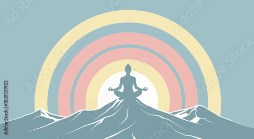 Silhouette of woman meditating on mountain peak with rainbow in pastel colors for wellness and