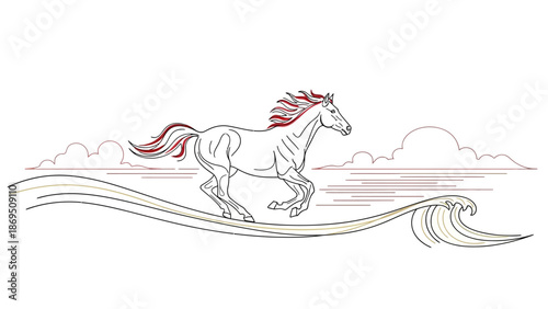 Horse running on waves, red mane and tail