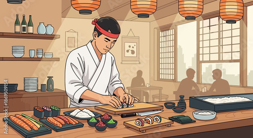 Skilled sushi chef creating culinary masterpieces in traditional restaurant setting showcasing