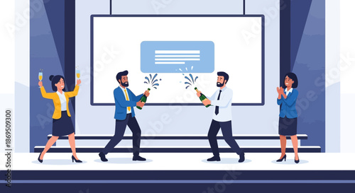 Successful Business Team Celebrating with Champagne on Stage at a Corporate Event