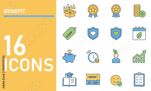 16 Employee Benefit and Reward Icons Featuring Bonus Gifts Discounts and Career Growth Symbols for Human Resources and Marketing