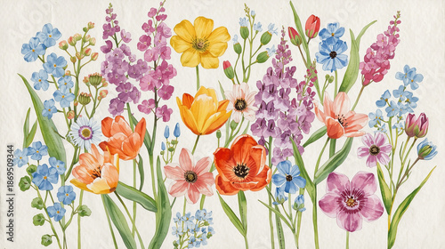 A bouquet of spring flowers painted in a vibrant watercolor style, with visible brush strokes and water bleed, on textured cotton paper, flat lay, artistic.