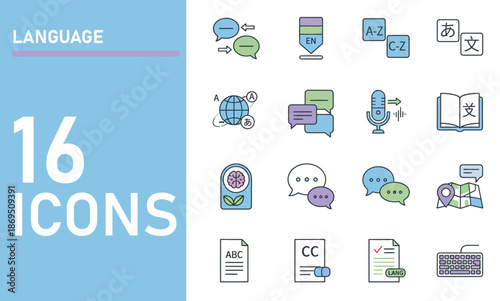 Set of 16 Language and Translation Icons Featuring Speech Bubbles Dictionary and International Communication Symbols for Education and Apps
