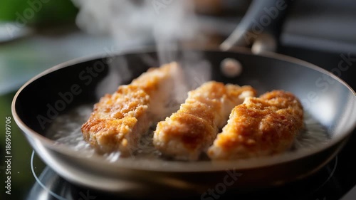 Close-up view of a breaded pork cutlet frying in a hot pan, releasing steam and sizzling in oil on a modern stovetop