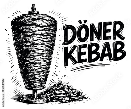 Hand drawn line art illustration of a döner kebab skewer depicting layers of meat and carved pieces for a fast food menu design