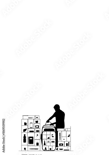 Bento Grid Modular Organization Silhouette. Person Packing Bag with Geometric Compartments for 2026 Lifestyle and Productivity Trend Concept Vector.