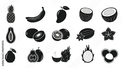 Tropical fruit collection in black and white artistic silhouette