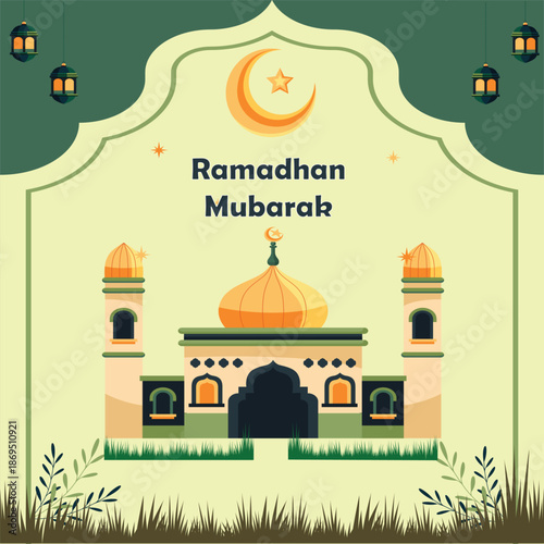 Ramadan Mubarak greeting card vector with modern Islamic style background