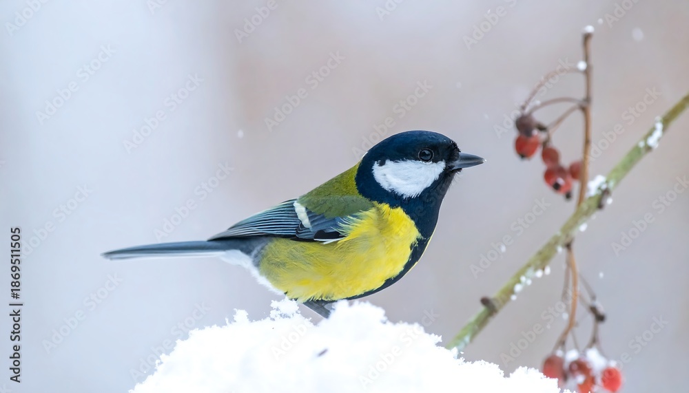 Obraz premium Colorful bird perched on snowy branch with red berries against a blurred white, wintry background