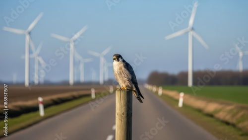 A falcon perches on a post, road stretches towards wind turbines in rural landscape