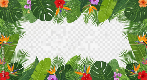 Vibrant tropical frame illustration featuring lush foliage and exotic floral accents for design