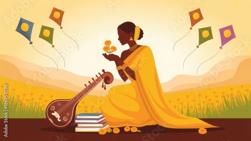 Indian woman sitting holding marigold flowers next to veena musical instrument and books
