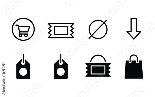 Simple Shopping and Digital Download Icons Including Tickets Tags Carts and Shopping Bag Symbols