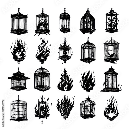 Set of 20 black birdcage and flame silhouette icons isolated PNG with Transparent Background