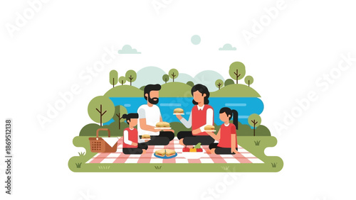 Family of four having a picnic with burgers by a lake in a green park