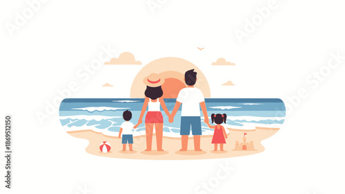 Family of four at the beach watching the sunset over the ocean