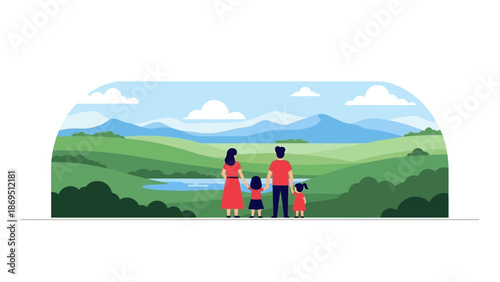 Family of four standing overlooking a rolling green landscape with mountains and a pond