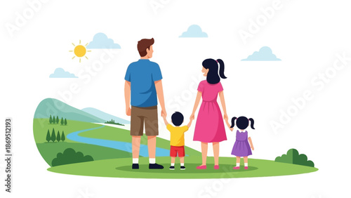 Family of four standing with backs turned in a sunny green landscape