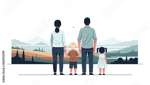 Family of four viewed from behind overlooking a scenic rolling landscape
