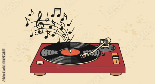 Vintage turntable illustration with musical notes flowing creating a vibrant atmosphere for music