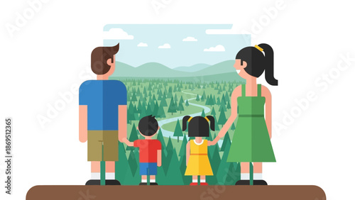 Flat illustration of family viewing a vast forest landscape with mountains