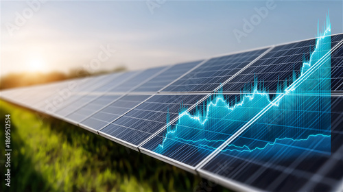 Solar panels in sunlight with rising chart overlay, symbolizing renewable energy investment and sustainable growth. Clean technology finance concept for future power and ESG.