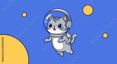 Whimsical Cartoon Cat Astronaut Floating in Space Among Planets and Stars Illustration