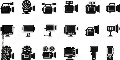 Video camera and filming equipment icon set with cinema movie recording devices silhouette vector illustration