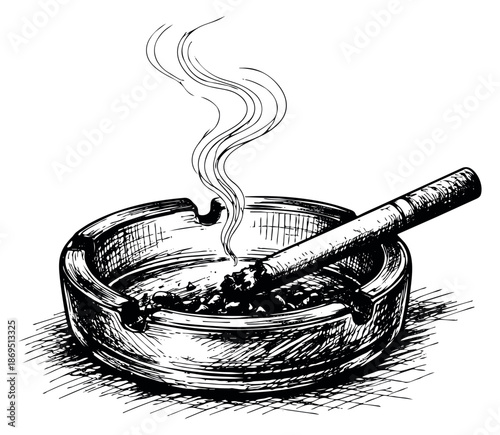 Hand drawn line art illustration of an ashtray depicting a smoking cigarette for a retro design