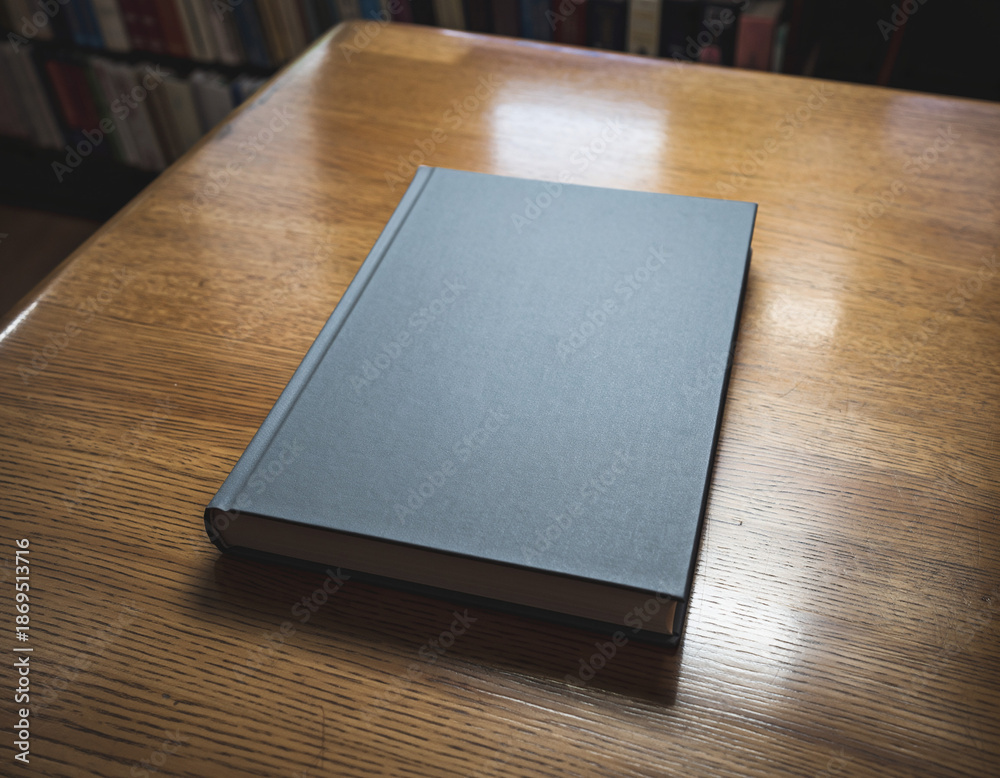Fototapeta premium A closed gray book lies on a wooden table with a blurred background of bookshelves