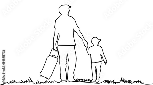 Family travel line art parent and child holding hands pulling luggage suitcase on grass.father day.