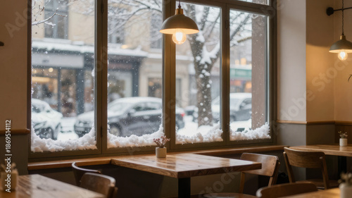 Empty cozy café interior with winter scenery through the window