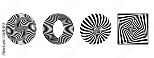 Set of striped figures with optical illusion effect isolated on white background. Circle, ring, torus and square shapes with dynamic vortex texture. Minimal vector graphic illustration
