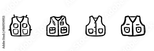 Fishing Vest Line Icon Set In Doodle Style. Outdoor Activity, Angling Gear, And Utility Clothing Outline Sketch Collection. Hand Drawn Isolated Vector Illustration