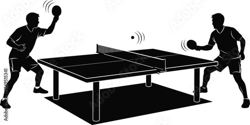 Black and white silhouette of two men playing table tennis, professional ping pong match players during sports competition vector illustration on white background,