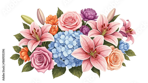 Luxurious vibrant floral bouquet arrangement with pink lilies, blue hydrangeas, pink and orange roses, isolated white background.