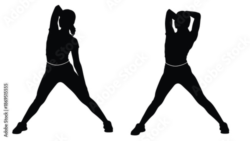 Silhouette of two women performing side bending stretches as part of a dynamic warmup routine or physical fitness exercise for flexibility training