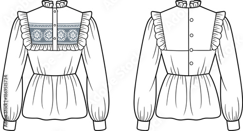 Cad drawing flat vector illustration, women’s blouse front and back view, fashion technical sketch, lace panel, peplum waist design