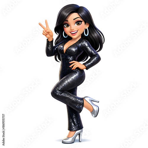 Smiling Woman with Long Black Hair Wearing Glittery Black Jumpsuit and Silver Heels