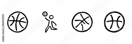 Basketball And Player Line Icon Set In Doodle Style. Sports Activity, Team Game, And Athletic Performance Outline Sketch Collection. Hand Drawn Isolated Vector Illustration