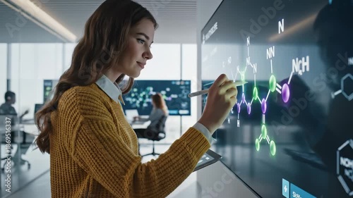 In a sleek laboratory, a young scientist passionately sketches molecular structures on an interactive display. Surrounded by peers, creative ideas flow, sparking collaboration and innovation.