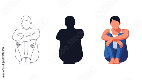 Collection of three distinct visual representations of a figure sitting in a fetal or huddled position showcasing line art silhouette and flat color illustration styles