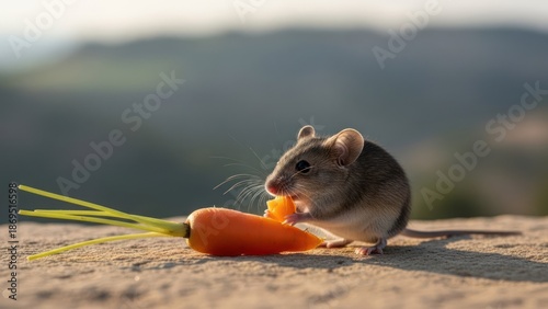 A small mouse enjoys a carrot outdoors with a blurred landscape background