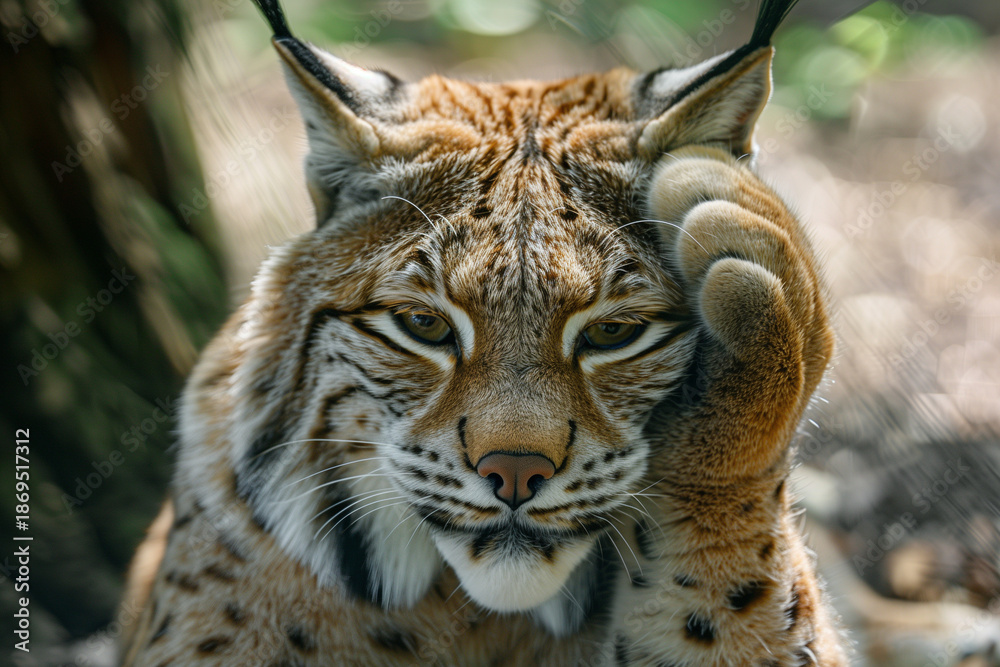 Fototapeta premium Lynx covering one eye with paw in green forest, expressive wildlife portrait showing shyness, mystery, calm mood and natural beauty