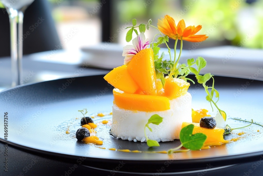 Obraz premium Refreshing mango mousse dessert with fresh mint and cream layers in elegant glasses