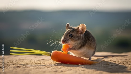 A tiny mouse enjoys a bright orange carrot in a sunlit outdoor scene