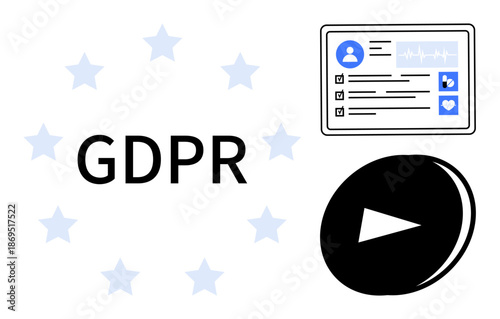Data protection, privacy regulations, digital consent, online security, GDPR compliance, user rights. Text GDPR with personal data screen and play button. Data protection and privacy regulations